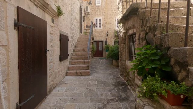 Ancient houses and narrow streets in old town of Budva, Montenegro.