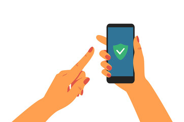 Human hand holding mobile phone with green shield at the screen.  Vector illustration isolated on white background