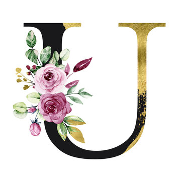 Floral gold alphabet, letter u with watercolor flowers and leaves. Monogram  initials perfectly for wedding invitation, birthday, greeting card and  other design. Holiday design hand painting. Illustration Stock