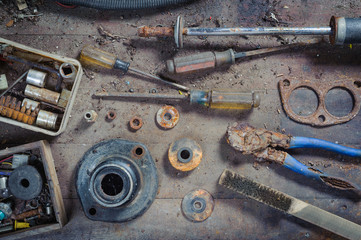 Wreck hand tools and car parts