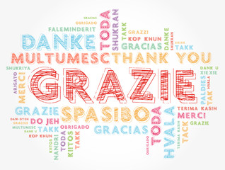 Grazie (Thank You in Italian) word cloud background in different languages