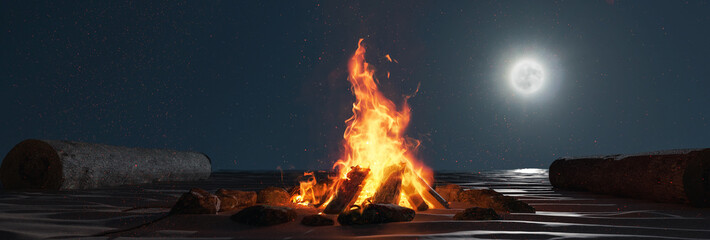3d rendering of large bonfire with sparks and particles in front of full moon light at sand beach
