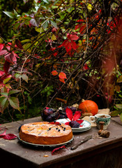 tasty plum cake on vintage plate on brown rustic table with plates, cup, basket with plums