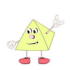 A funny cartoon pyramid with eyes, arms and legs in shoes smiles and shows a positive sign with your fingers.