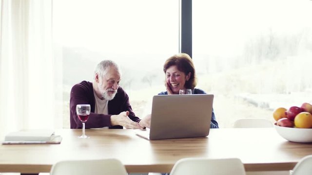 A portrait of senior couple with wine indoors at home, using laptop.