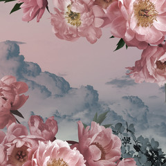 Fototapety  Tło. Kwiaty ogrodowe różowe piwonie na tle nieba akwarela.
