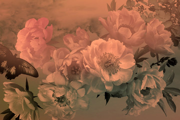 Obrazy na Szkle  Kwiaty ogrodowe piwonie i motyl. Wzór karty kwiatowy.