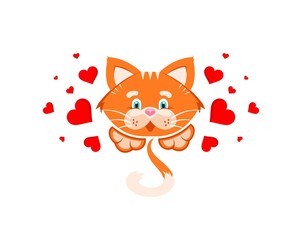 Vector graphic illustration. Orange cat in a cloud of hearts. Cartoon character, concept for printing products for pets, a sign, a donation for pets, an advertising logo.