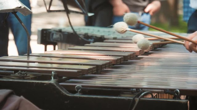 Hands of musician playing the vibraphone on the street. Music Instrument Vibraphone close up.