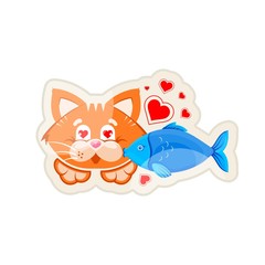 Vector graphic illustration. Glossy sticker. Funny orange cat kisses a fish on the background of red hearts. Logo concept for a pet shop and a vet clinic. Symbol, sign, emblem, logo, label.