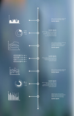 Timeline infographic with unfocused background and icons set. World map