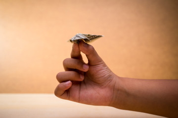 A man hand and folded paper planes origami made by USD notes/bills