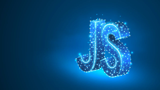 Java Script coding language text. Device, programming, developing concept. Abstract, digital, wireframe, low poly mesh, Raster blue neon 3d illustration. Triangle line dot star