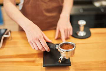 Fototapeta na wymiar Step by step coffee preparing process in close up.