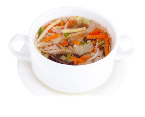 Hot clear broth with vegetables, vegetarian menu