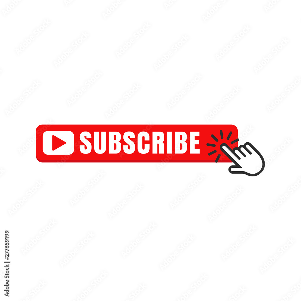 Poster Subscribe button color with hand cursor vector sign isolated on white background illustration for graphic and web design. 