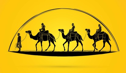 Camel tour with guide cartoon graphic vector.