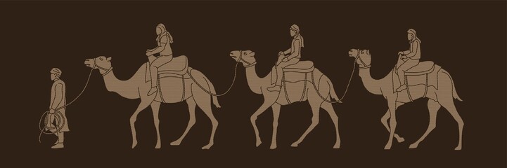 Camel tour with guide cartoon graphic vector.