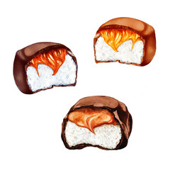 Watercolor isolated set of chocolate marshmallows with caramel