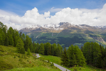 View from the Gavia pass, an alpine pass of the Southern Rhaetian Alps, marking the administrative border between the provinces of Sondrio and Brescia, Italy