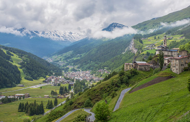 Top view of Isolaccia, the capital of the municipality of Valdidentro in Sondrio province. It is one of the tourist resorts of the Altavaltellina area, with Bormio, Livigno e Santa Caterina, Italy