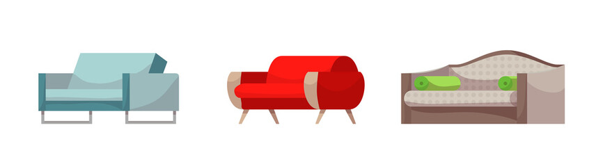 Sofa vector modern furniture couch seat furnished interior design of living-room at apartment home illustration furnishing isometric set of modern armchair sofa-bed settee isolated on white background