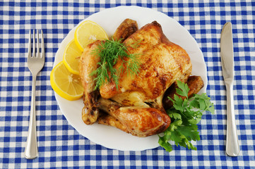 Grilled chicken in white plate on blue tablecloth