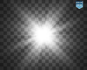 White beautiful light explodes with a transparent explosion. Vector, bright illustration for perfect effect with sparkles. Bright Star. Transparent shine of the gloss gradient, bright flash