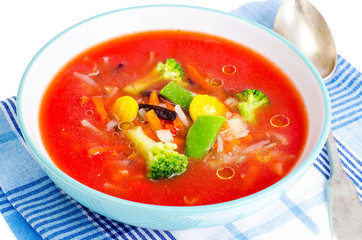 Vegetarian cold tomato soup with mixed vegetables