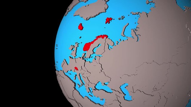 Closing in on EFTA countries on political 3D globe. 3D illustration.