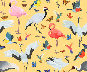 Naklejka premium Seamless pattern with birds and butterflies. Flamingos, cranes, hummingbirds, chickadees and bullfinches