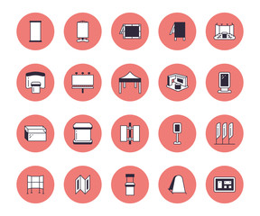 Advertising exhibition banner stands, display line icons. Brochure holders, pop up boards, bow flag, billboard folding marquees. Trade objects thin linear signs