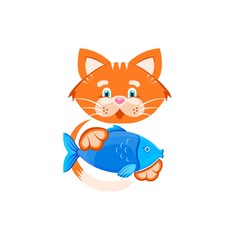 Vector graphic illustration. Funny Orange cat holding a small fish in its paws. Logo concept for a pet shop and a vet clinic. Symbol, sign, emblem, logo, label. Isolated elements on white background.