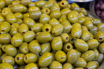 Marinated green olives sold on farmers market