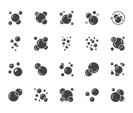 Bubbles flat glyph icons set. Soap foam, fizzy drink, oxygen bubble pictogram, effervescent effect vector illustrations, signs. Solid silhouette pixel perfect 64x64