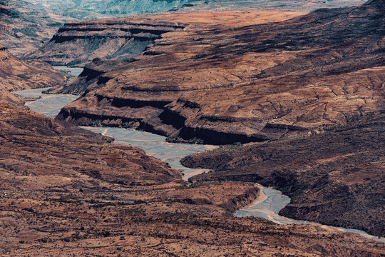 Beautiful mountain landscape with canyon and dry river bed, Oromia Region. Ethiopia wilderness landscape, Africa.