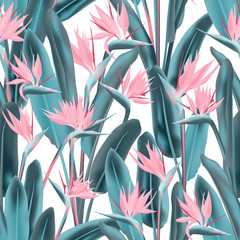 Strelitzia reginae tropische bloemen vector naadloze patroon. Boheemse tropische plant stof print ontwerp. Zuid-Afrikaanse plant tropische bloesem van kraanbloem, strelitzia. Bloemen behang.