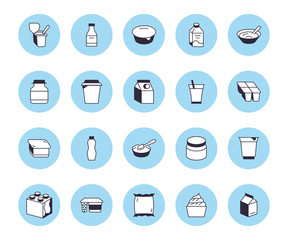 Yogurt packaging flat line icons. Dairy products - milk bottle, cream, kefir, cheese illustrations. Thin signs for food store
