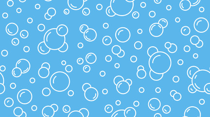 Bubbles vector seamless pattern with flat line icons. Blue white color soap texture. Fizzy water background, abstract effervescent effect wallpaper