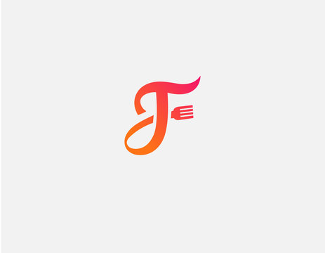 Abstract bright red and orange logo symbol letter F and fork restaurant dining