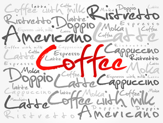List of coffee drinks words cloud collage, poster background