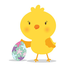 Easter card with cute chicken and egg design on white background