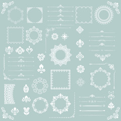 Vintage set of vector horizontal, square and round elements. Different elements for backgrounds, frames and monograms. Classic patterns. Set of vintage white patterns