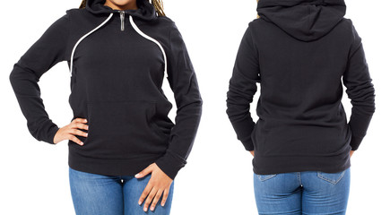 Front back and rear black sweatshirt view. Afro american girl woman in template clothes for print and copy space isolated on white background. Mockup