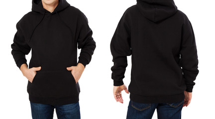 Middle age man in black sweatshirt template isolated. Male sweatshirts set with mockup and copy space. Sweat shirt design front and back view. Closeup