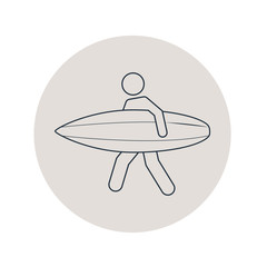 Icono plano lineal surfista con tabla en círculo color gris