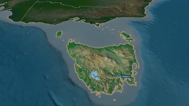 Tasmania - state of Australia with its capital zoomed on the physical map of the globe. Animation 3D