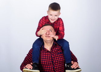Father example of noble human. Best friends forever. Father little son red shirts family look outfit. Dad piggybacking adorable child. Happiness being father of boy. Having fun. Fathers day