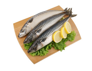 Mackerel fish with greens and lemon on wooden board isolated