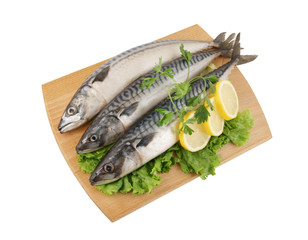 Mackerel fish with greens and lemon on wooden board isolated